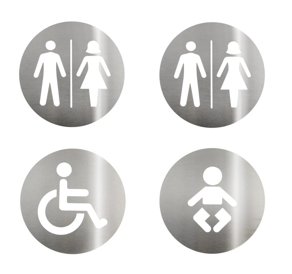 kit Placa inox sinalizacao porta banheiro deficiente cadeirante unissex trocador