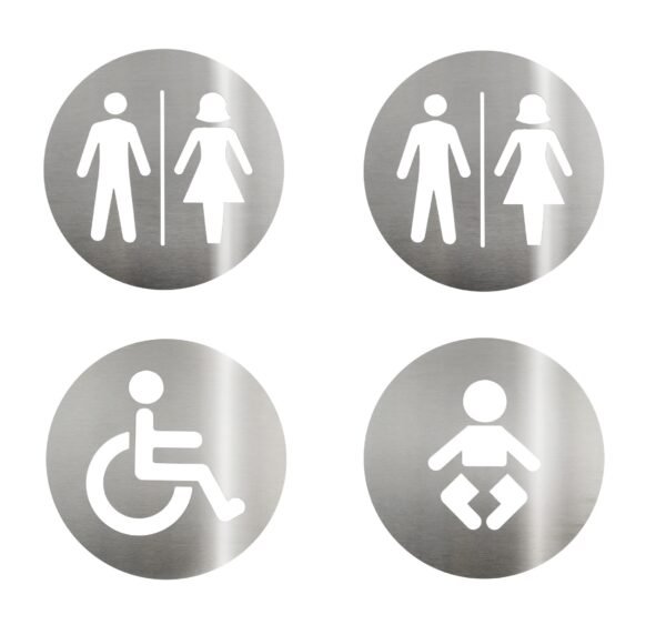 kit Placa inox sinalizacao porta banheiro deficiente cadeirante unissex trocador